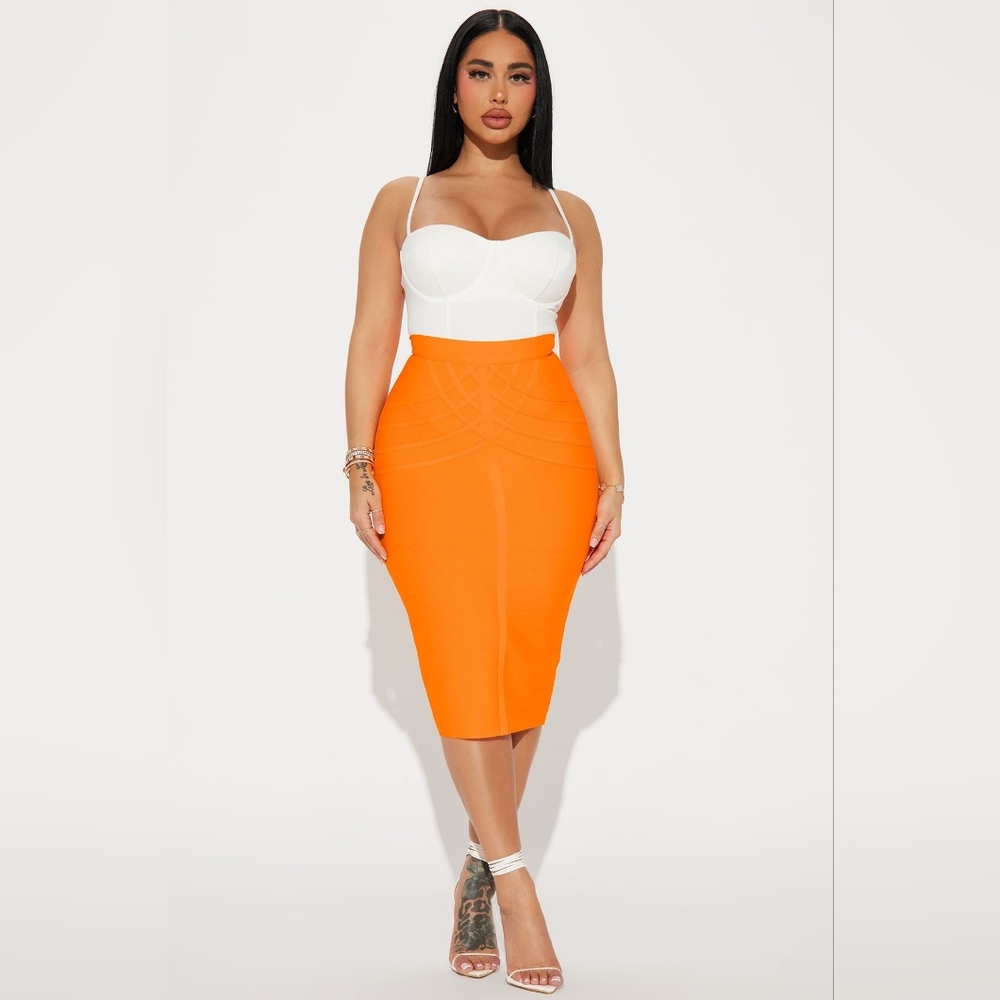 Fashion Nova NICKI Neon Orange Bandage Midi Skirt